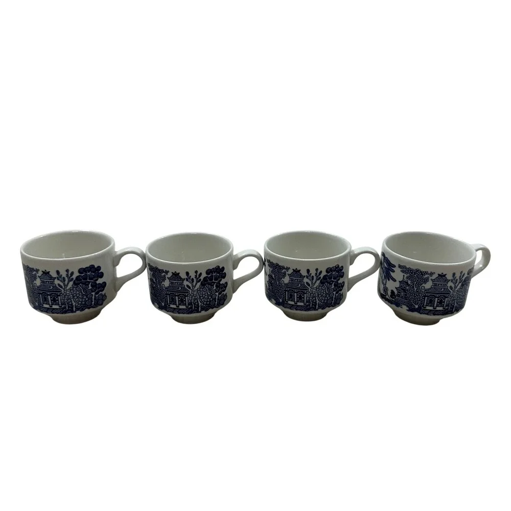 Vintage Blue Willow Tea Cups Set of 4‎ Made in England Blue White Chinoiserie